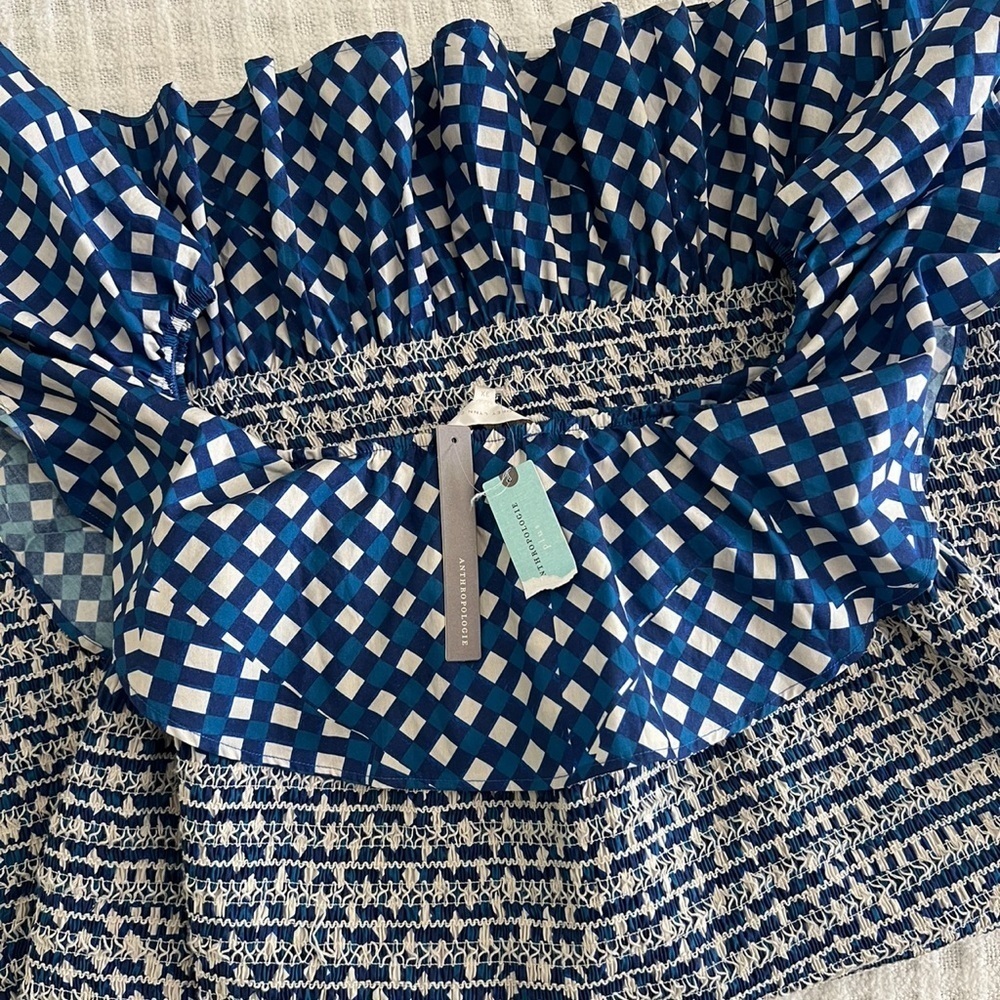 NWT Anthropology Corey Lynn Calter Off-The-Shoulder Smocked Mini Dress 🧺🫐 - Picture 2 of 8